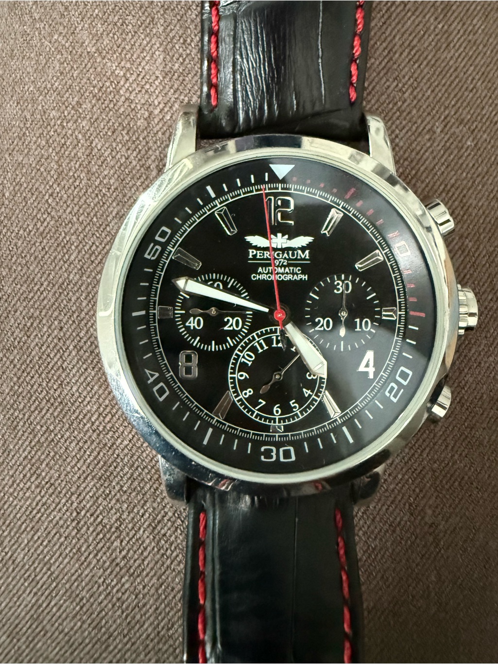 Perigaum 1972 Automatic Chronograph Mens Watch Black Dial Stainless Steel